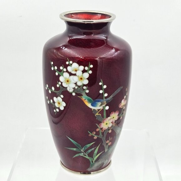Vintage Japanese Ginbari Cloisonné Vase 1950s Cherry Blossom Pigeon Blood Red - Picture 1 of 6